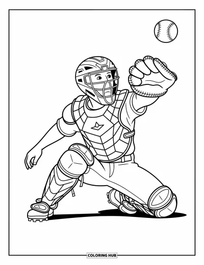 Coloriage de baseball pour enfants : Un receveur tend son gant en pleine action vers une balle qui arrive