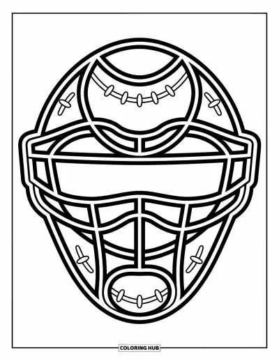 Coloriage de baseball pour enfants : Un masque de receveur aux lignes simples et aux motifs amusants, parfait pour les petites mains