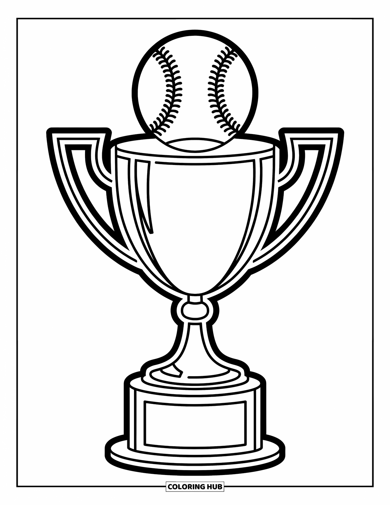 Kolorowanka z baseballem dla dzieci: Radosne trofeum baseballowe stoi wysoko z piłką na górze