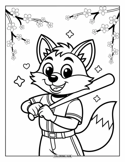 Coloriage de baseball pour enfants : Une mascotte renard joyeuse tient une batte avec des étoiles et des cœurs qui flottent autour