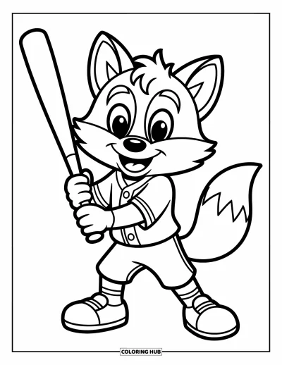 Coloriage de baseball pour enfants : Une mascotte renard joyeuse avec une batte se tient avec assurance, pleine de charme