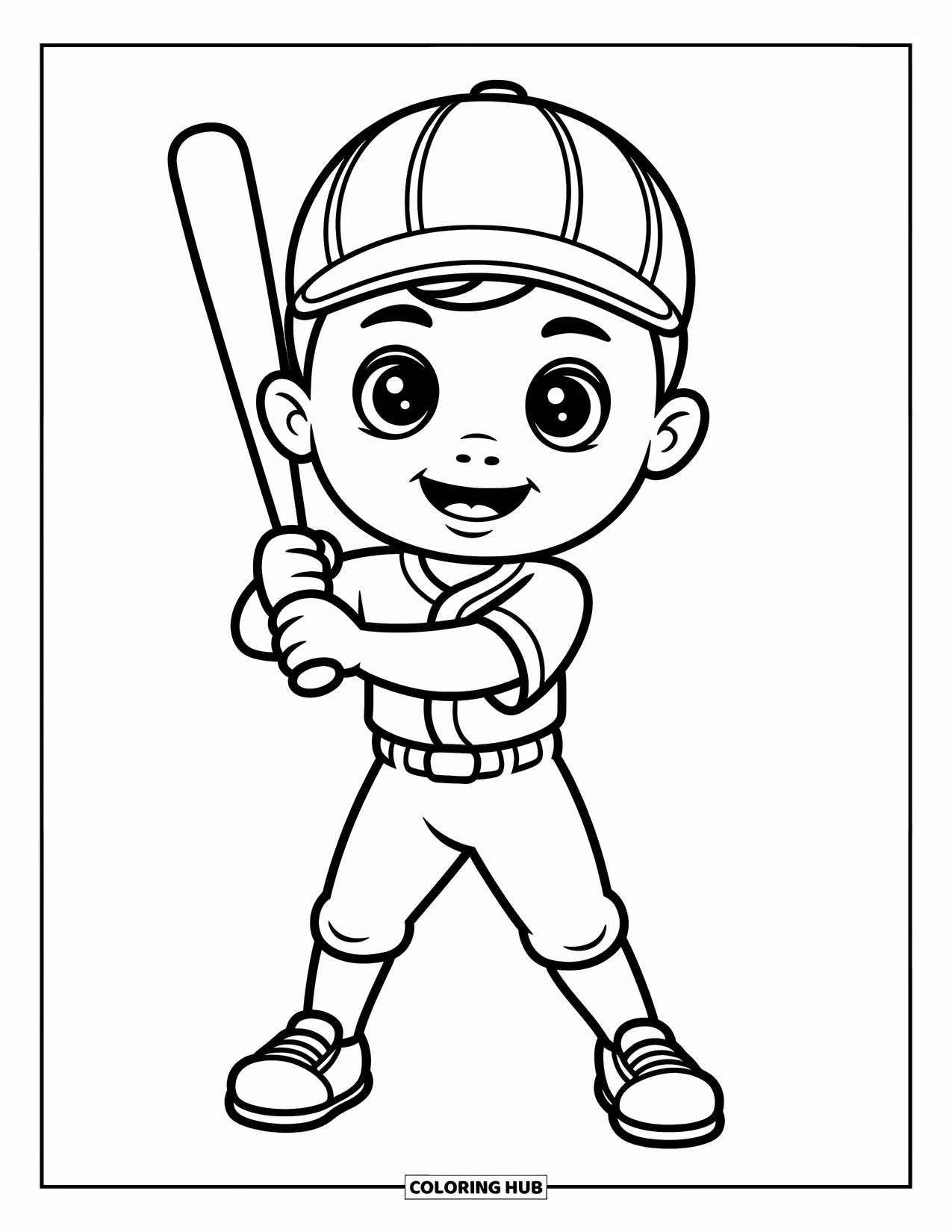 Kolorowanka z baseballem dla dzieci: Radosny gracz trzyma kij, otoczony miękkimi chmurkami i zakrzywionym polem