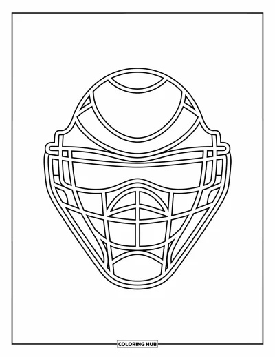 Coloriage de baseball pour enfants : Gros plan sur un masque de receveur avec de grandes zones ludiques et des détails joyeux