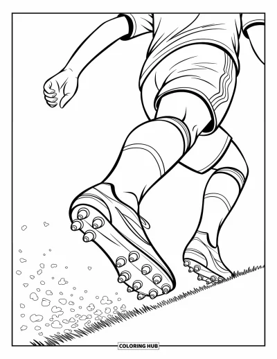 Coloriage de baseball pour enfants : Gros plan sur des crampons qui font voler la poussière à chaque pas
