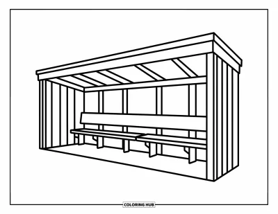 Coloriage de baseball pour enfants : Un abri d’équipe accueillant avec des bancs et des détails amusants
