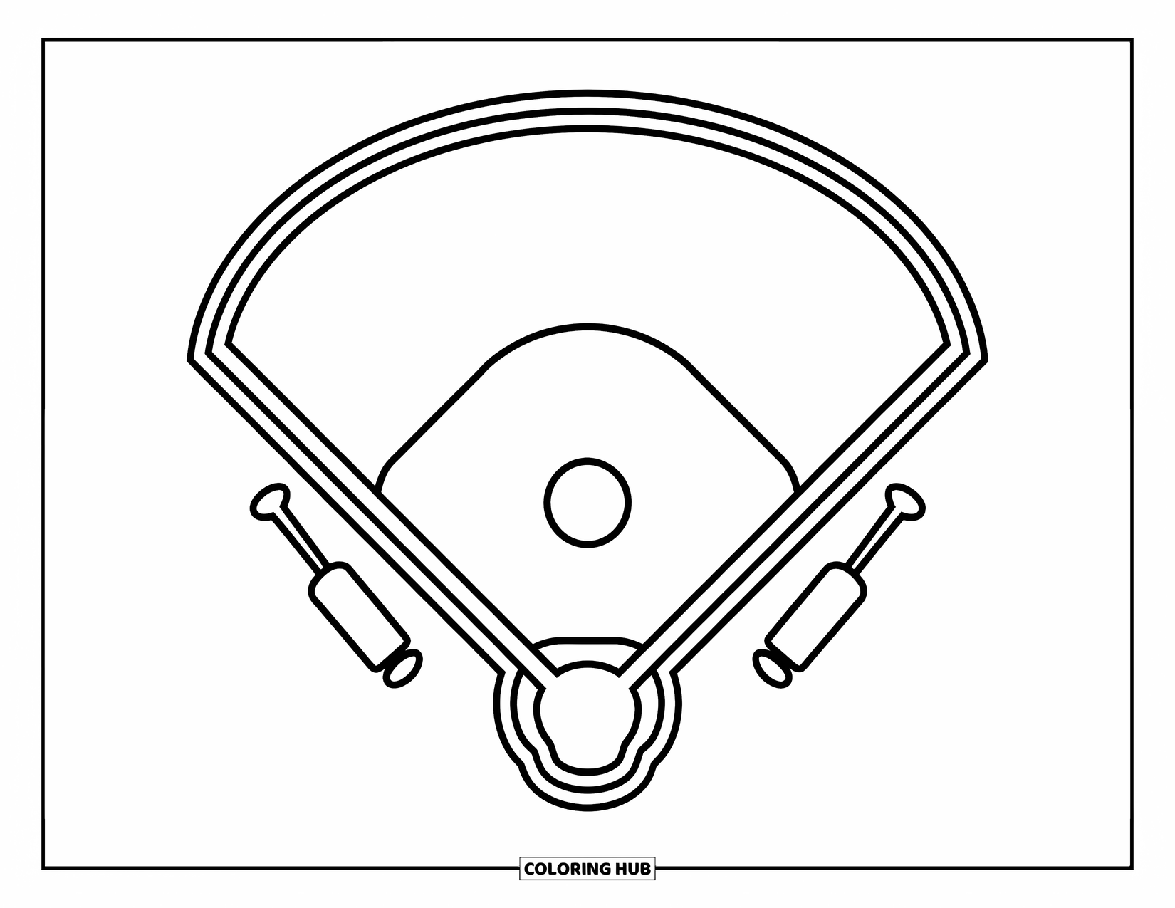 Kolorowanka z baseballem dla dzieci: Pole z bazami i miękkim, zachęcającym wyglądem