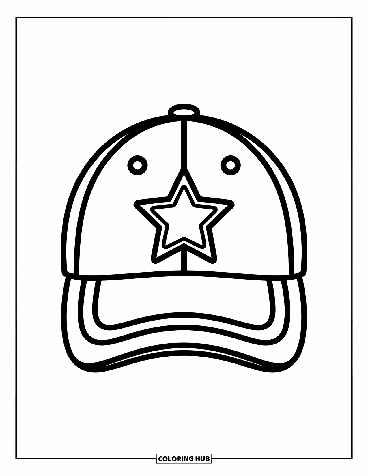 Kolorowanka z baseballem dla dzieci: Przyjazna czapka z dużym emblematem gwiazdy i figlarnymi kształtami wokół