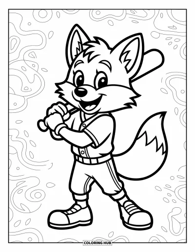 Coloriage de baseball pour enfants : Une mascotte renard amicale tient une batte avec un grand sourire et une posture ludique