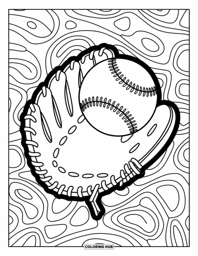 Coloriage de baseball pour enfants : Un gant attrape une balle avec des coutures amusantes et des formes joyeuses autour