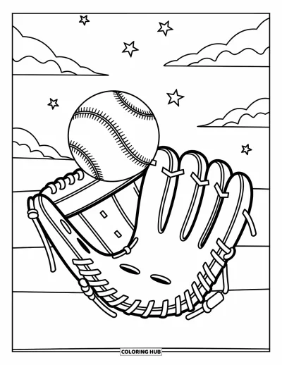 Coloriage de baseball pour enfants : Un gant attrape une balle avec des volutes et de petites formes ludiques en arrière-plan