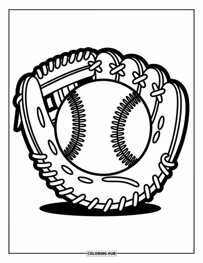 Coloriage de baseball pour enfants : Un gant tient une grande balle de baseball aux lignes simples et joyeuses