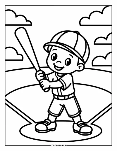 Coloriage de baseball pour enfants : Un joueur de baseball souriant se tient prêt avec une batte et un grand sourire