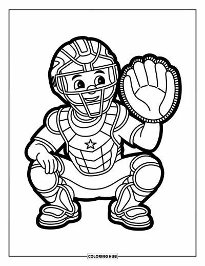Coloriage de baseball pour enfants : Un receveur heureux accroupi avec un gant ouvert et des étoiles ludiques à côté