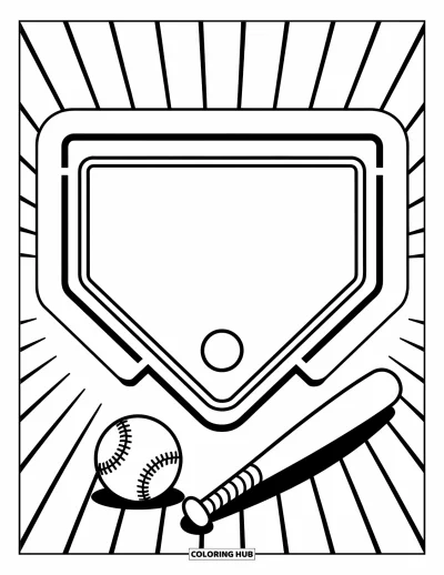 Coloriage de baseball pour enfants : Un marbre avec une batte et une balle à proximité, prêt pour la partie