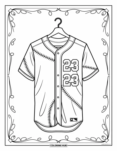 Coloriage de baseball pour enfants : Un maillot numéro 23 suspendu, entouré de motifs doux et ludiques