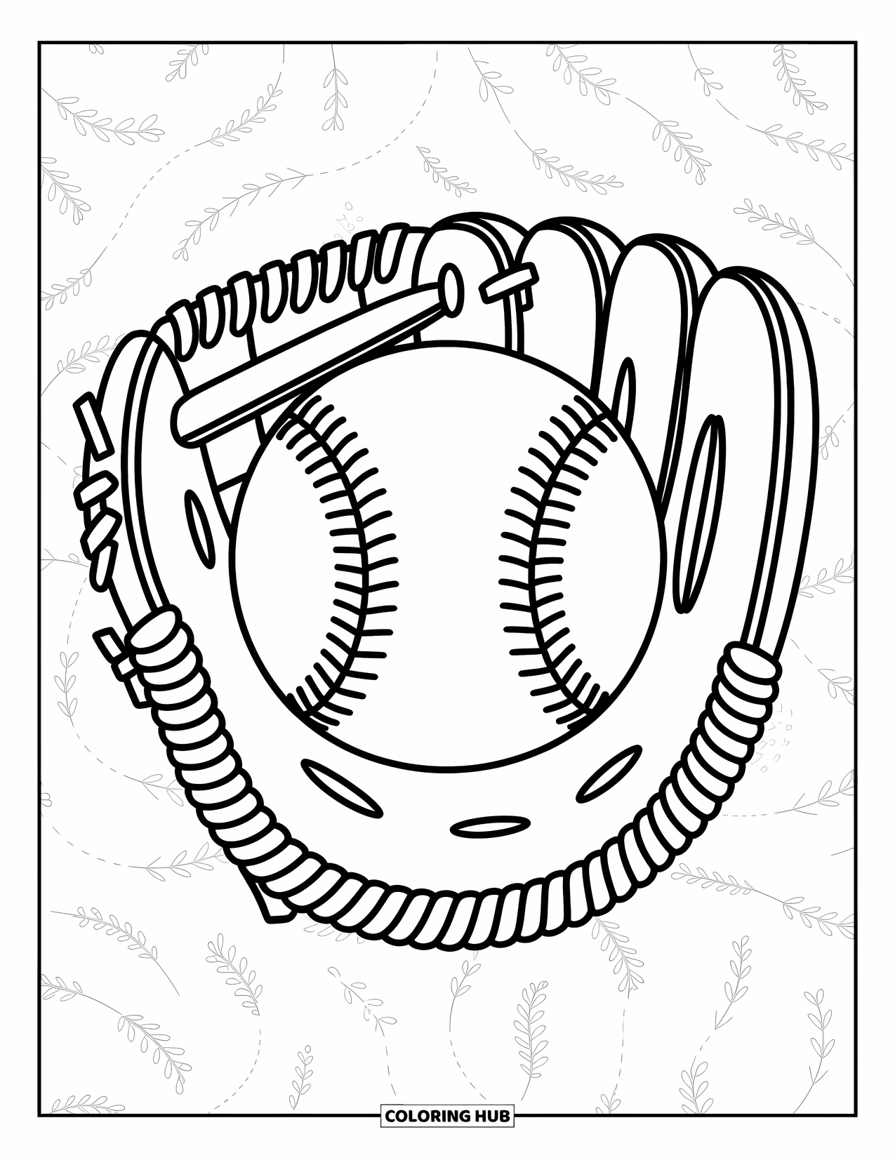 Kolorowanka z baseballem dla dzieci: Duża piłka baseballowa siedzi w otwartej rękawicy z figlarnymi wzorami wokół