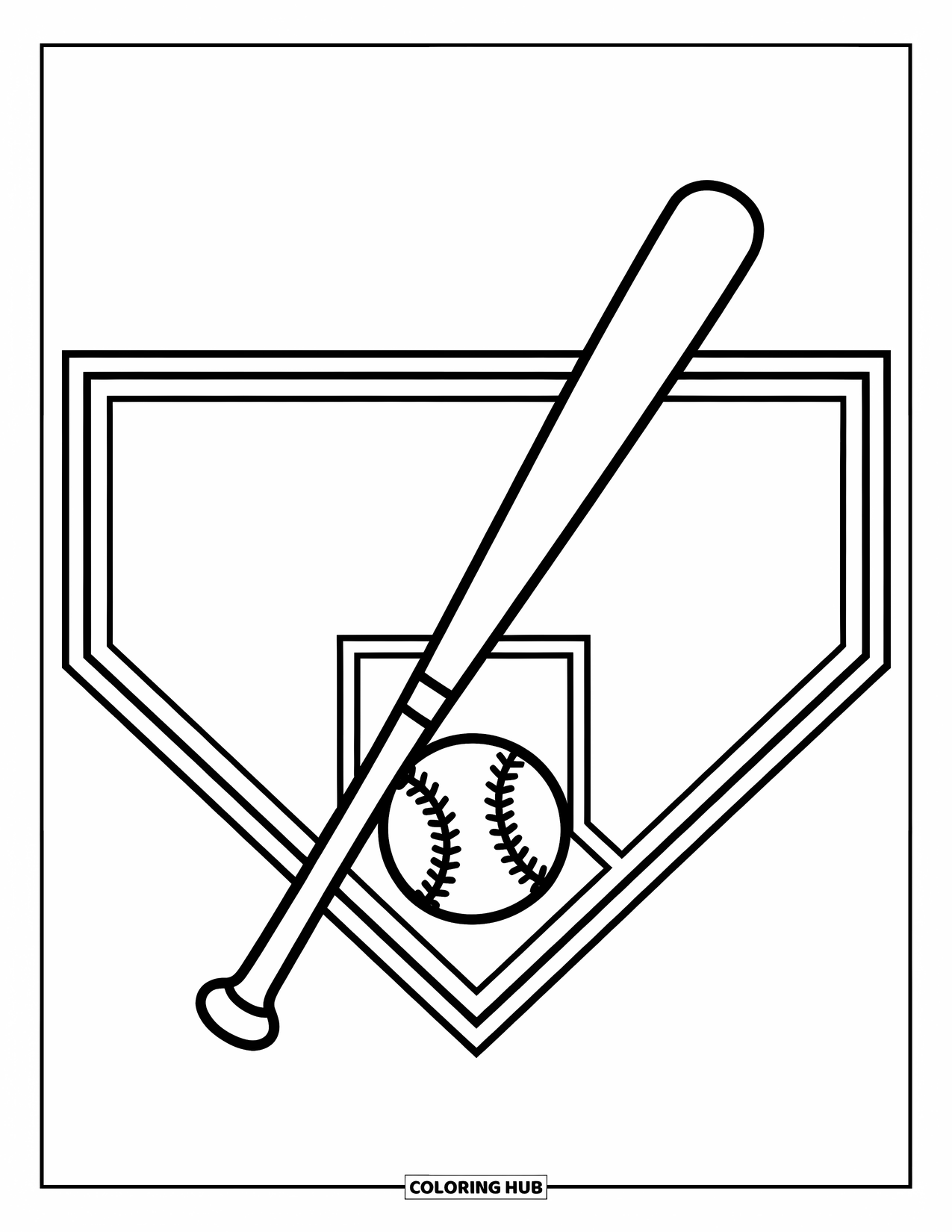 Kolorowanka z baseballem dla dzieci: Duża baza domowa z kijem i piłką starannie umieszczonymi na górze