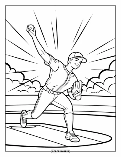 Coloriage de baseball pour enfants : Un lanceur en plein geste montre un mouvement puissant, avec des lignes ludiques et un terrain amusant autour