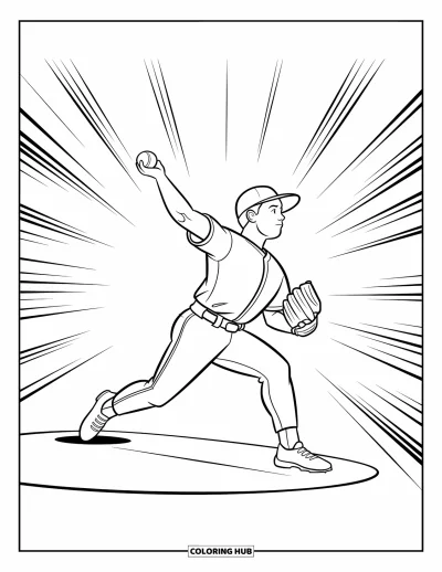 Coloriage de baseball pour enfants : Un lanceur relâche la balle avec des lignes de mouvement et des plis nets sur son maillot
