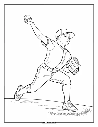 Coloriage de baseball pour enfants : Un lanceur envoie la balle avec des lignes de mouvement tourbillonnantes et des plis sur son uniforme