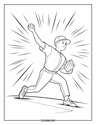 Coloriage de baseball pour enfants : Un lanceur envoie la balle avec concentration, entouré de lignes ludiques pleines d’énergie