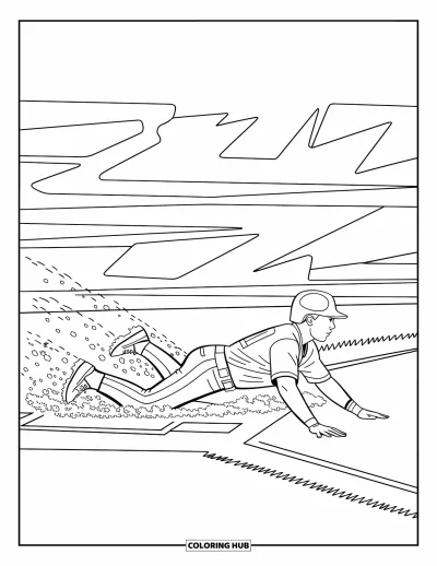 Coloriage de baseball pour enfants : Un joueur glisse vers le marbre, avec des nuages de poussière et une expression déterminée