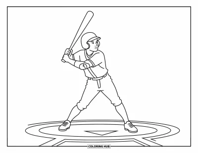 Coloriage de baseball pour enfants : Un joueur balance sa batte dans le cercle d’attente, avec des motifs ludiques et de légères lignes de mouvement