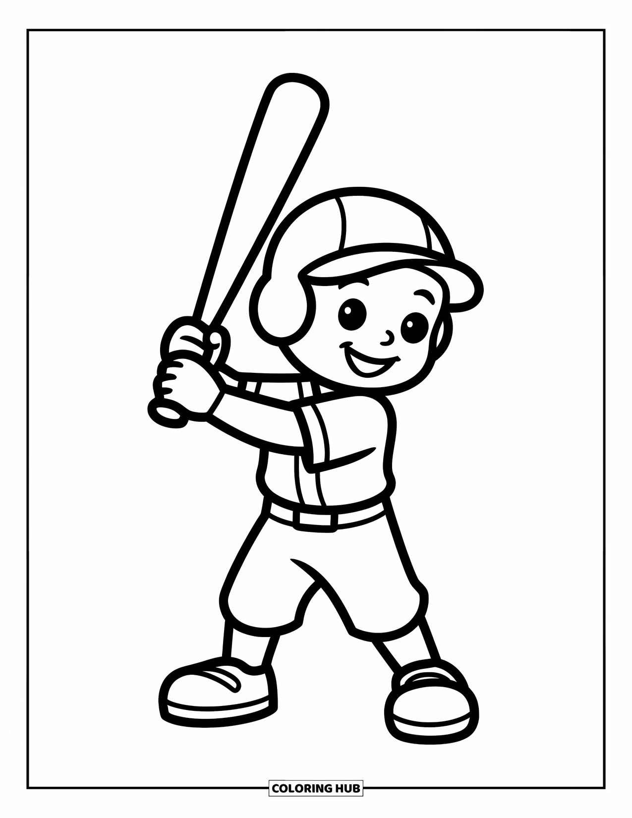 Kolorowanka z baseballem dla dzieci: Figlarny gracz baseballowy stoi z uniesionym kijem, gotowy do uderzenia