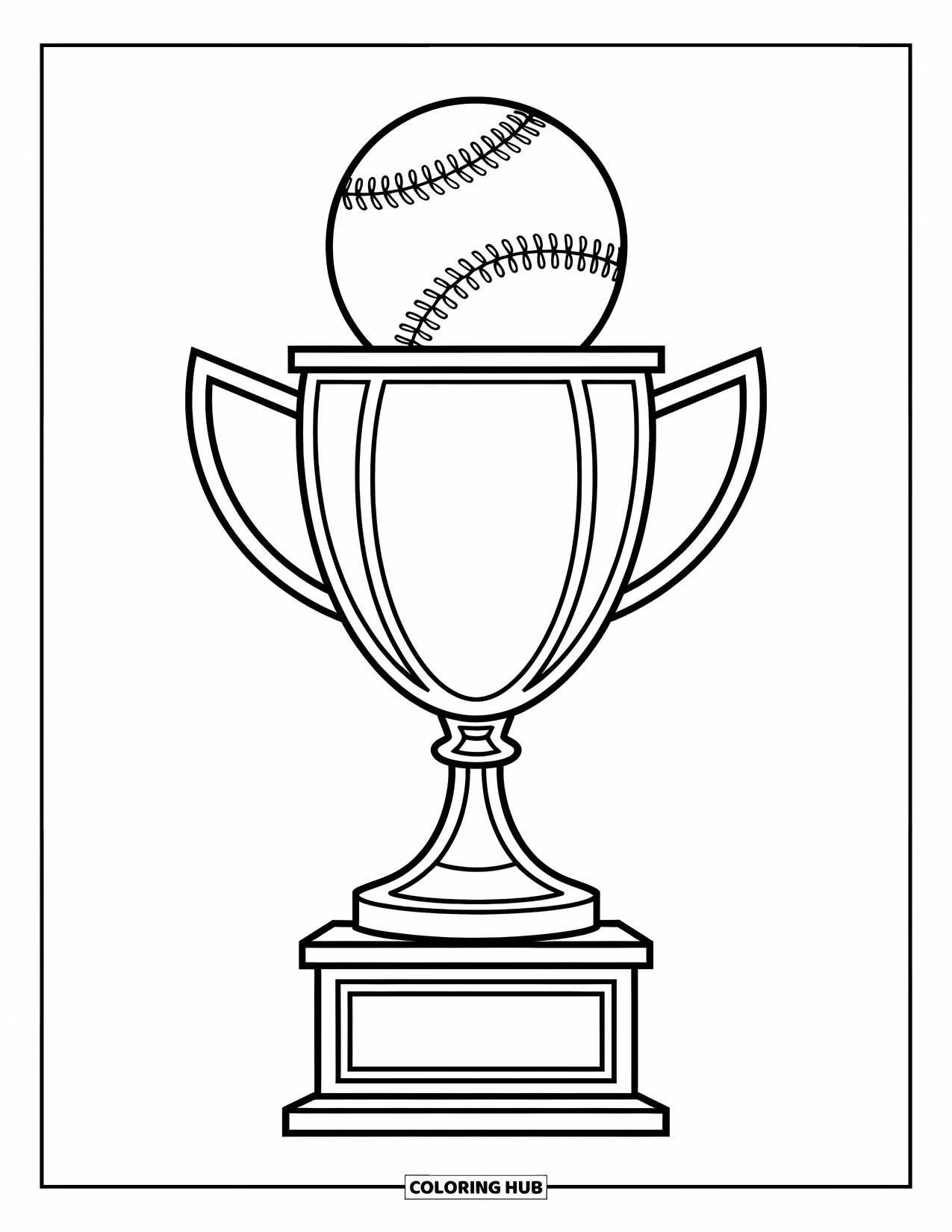 Kolorowanka z baseballem dla dzieci: Figlarne trofeum z piłką baseballową na górze stoi na cokole