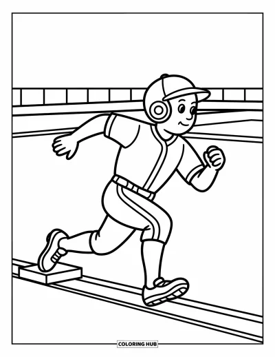 Coloriage de baseball pour enfants : Un coureur file vers la troisième base, avec des bases et des clôtures dessinées en lignes simples