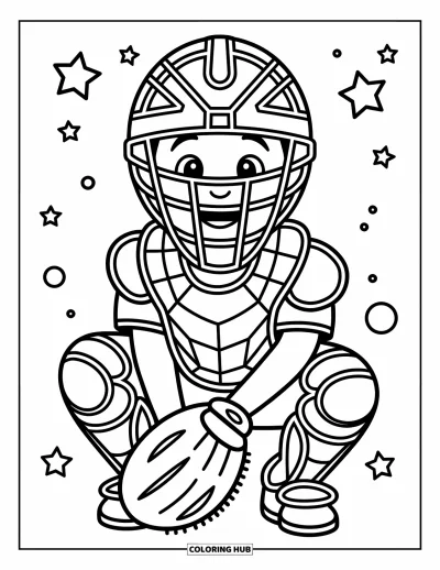 Coloriage de baseball pour enfants : Un receveur souriant accroupi avec un gant ouvert, prêt à attraper la balle