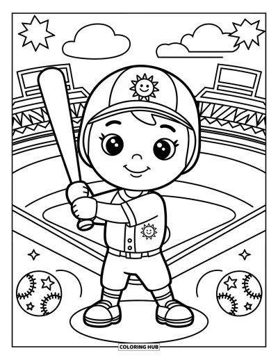 Coloriage de baseball pour enfants : Un joueur souriant tient une batte, avec des étoiles amusantes et un stade ludique derrière
