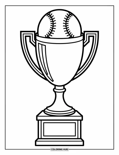 Coloriage de baseball pour enfants : Un trophée surmonté d’une balle de baseball trône fièrement, prêt pour l’amusement