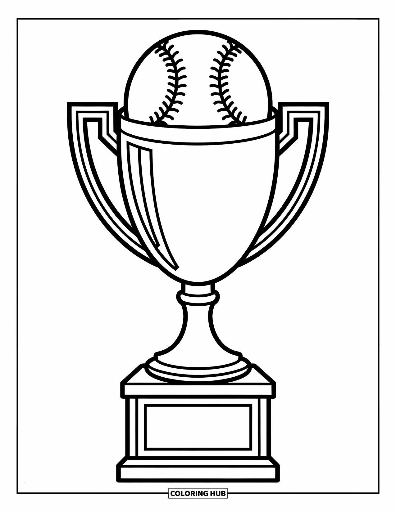 Kolorowanka z baseballem dla dzieci: Trofeum z piłką baseballową na górze stoi dumnie, gotowe do zabawy