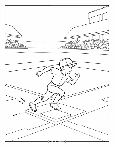 Coloriage de baseball pour enfants : Un jeune joueur court sur le terrain avec des gradins et des bases visibles