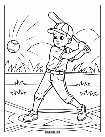 Coloriage de baseball pour enfants : Un jeune joueur frappe la balle, avec des lignes de mouvement qui montrent l’enthousiasme
