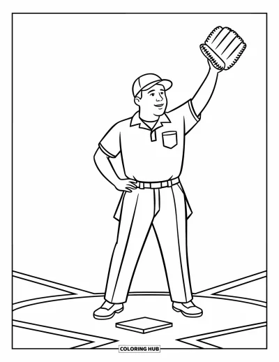Coloriage de baseball pour enfants : Un arbitre se tient près du marbre avec une main levée et des touches amusantes autour