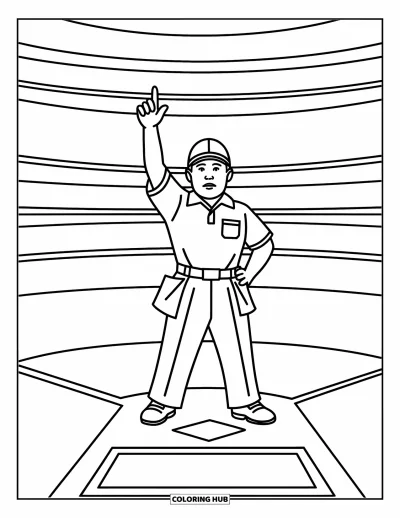 Coloriage de baseball pour enfants : Un arbitre se tient près du marbre, une main levée pour annoncer clairement sa décision