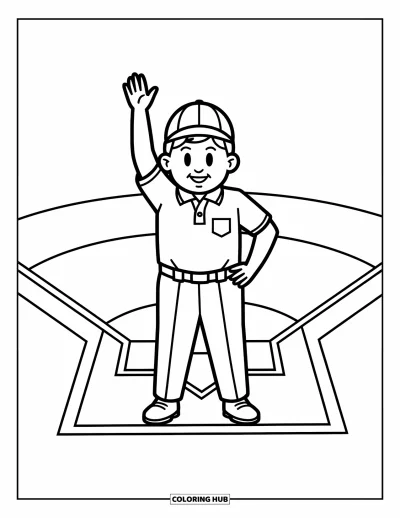 Coloriage de baseball pour enfants : Un arbitre se tient près du marbre, une main levée, prêt à annoncer sa décision