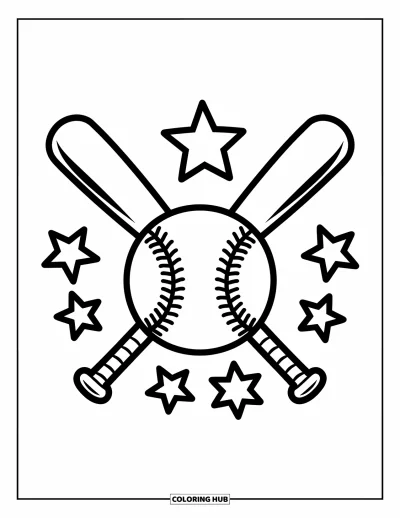 Coloriage de baseball pour enfants : Des battes croisées et une balle de baseball entourées d’étoiles scintillantes