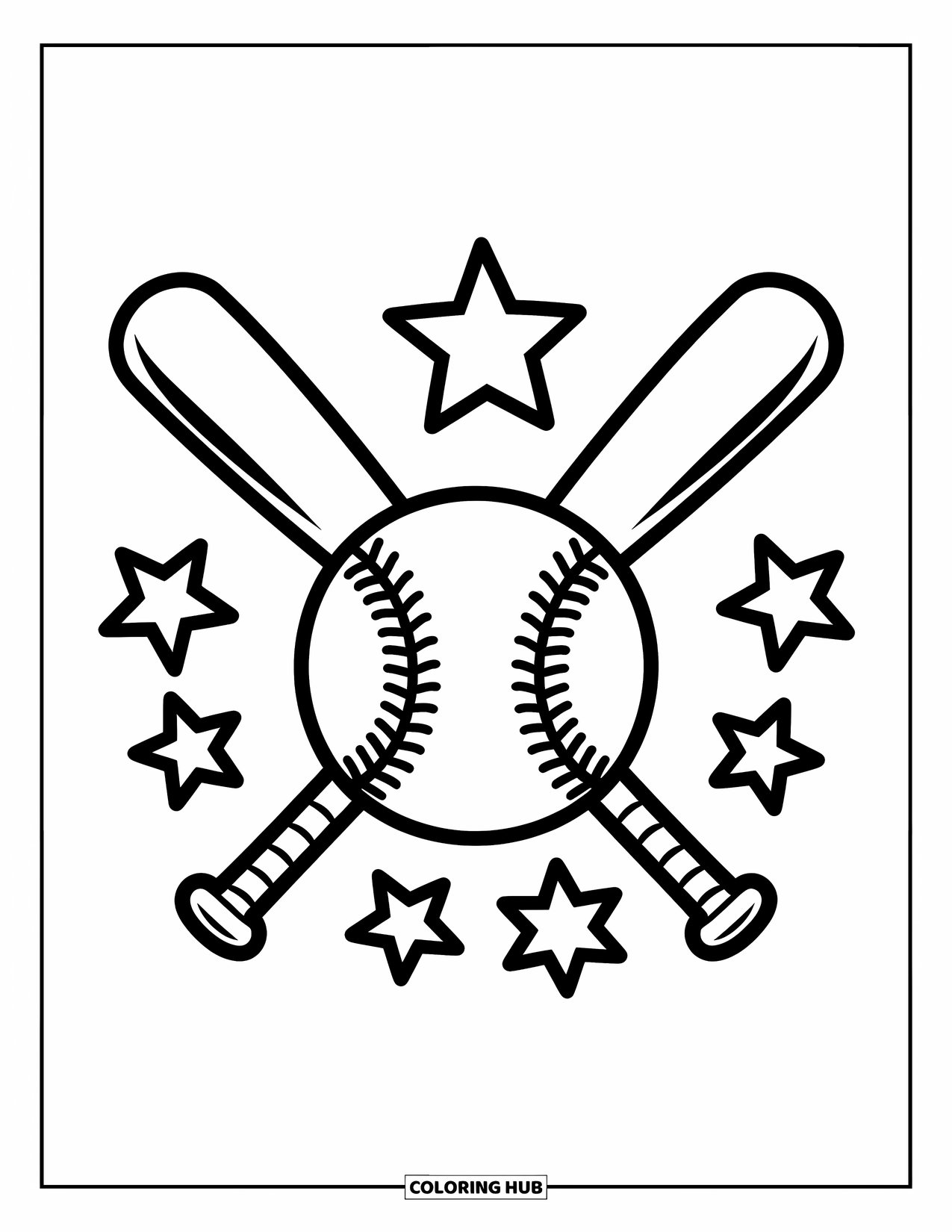 Kolorowanka z baseballem dla dzieci: Skrzyżowane kije i piłka baseballowa leżą wśród migoczących gwiazd