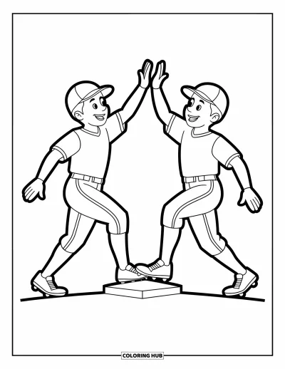 Coloriage de baseball pour enfants : Deux joueurs de baseball partagent un joyeux check près d’une base