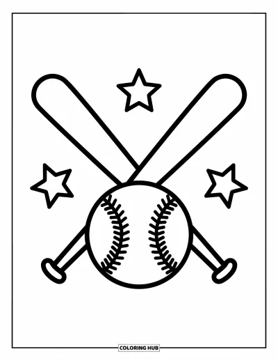 Coloriage de baseball pour enfants : Deux battes croisées derrière une balle de baseball, avec de douces étoiles autour de la scène