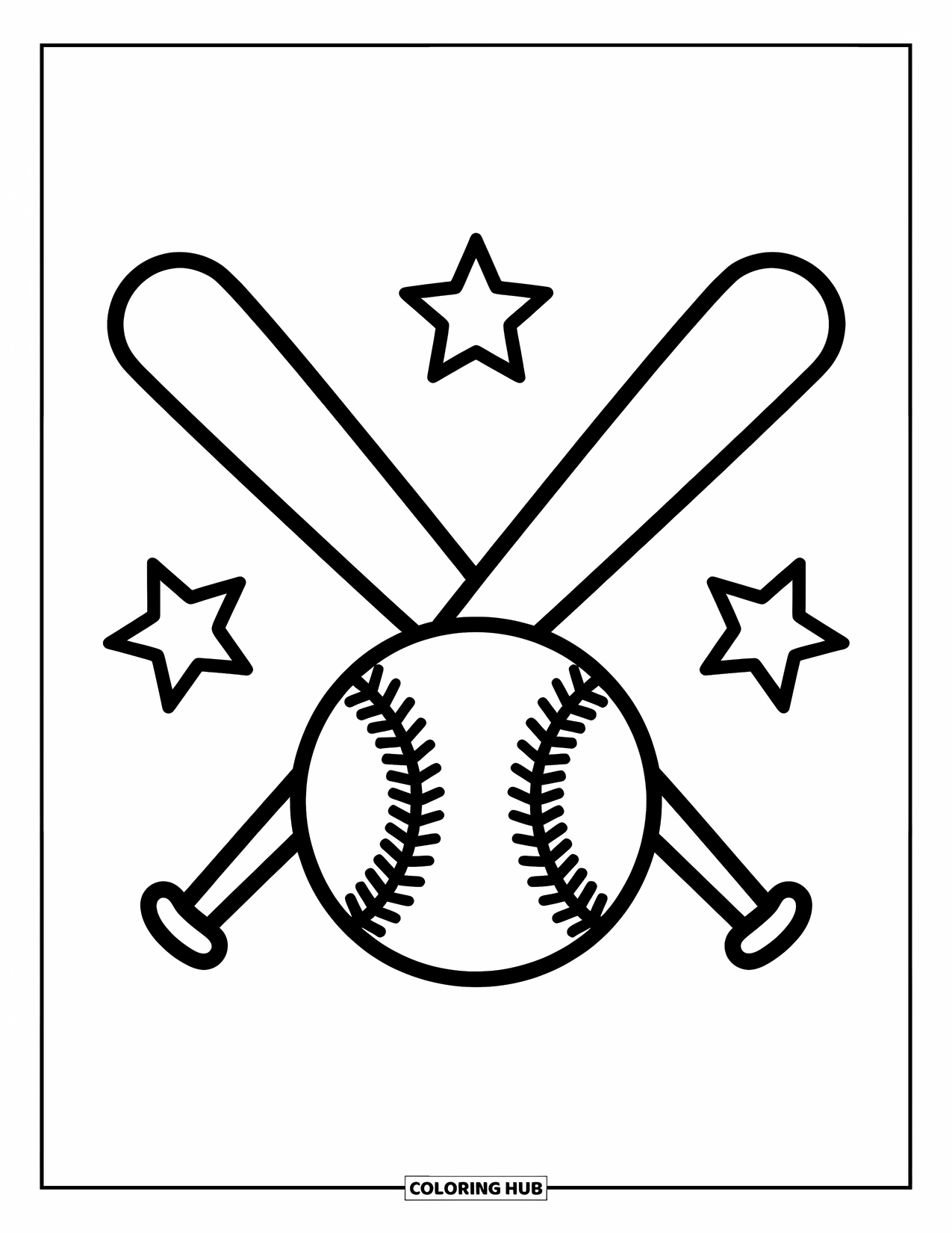 Kolorowanka z baseballem dla dzieci: Dwa kije skrzyżowane za piłką baseballową z delikatnymi gwiazdkami krążącymi wokół