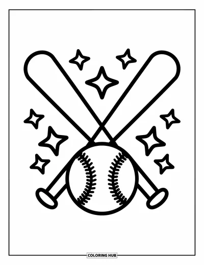 Coloriage de baseball pour enfants : Deux battes croisées derrière une balle de baseball, entourées d’étoiles ludiques