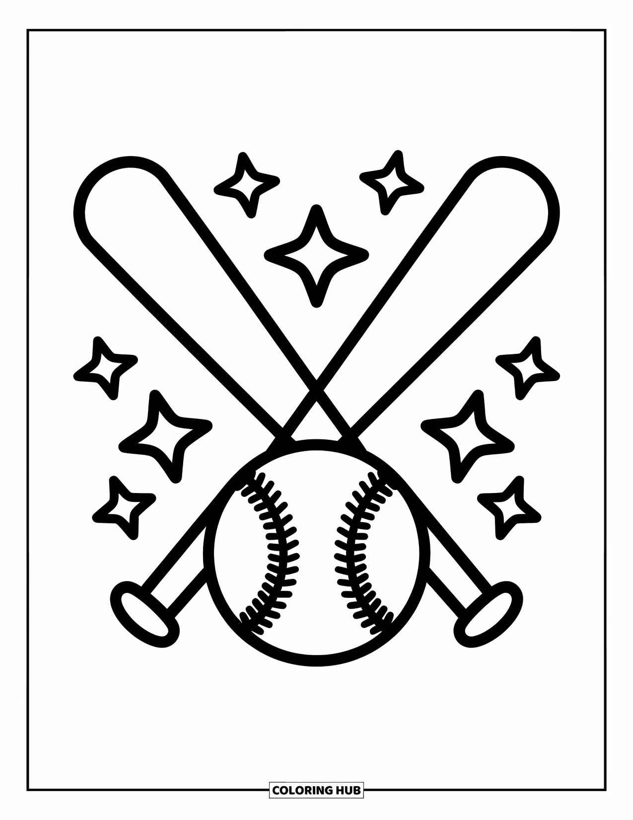 Kolorowanka z baseballem dla dzieci: Dwa skrzyżowane kije za piłką baseballową są otoczone przez figlarne gwiazdy