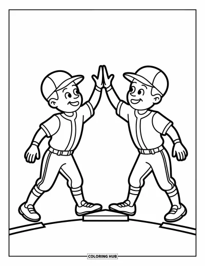 Coloriage de baseball pour enfants : Deux joueurs célèbrent avec un check près d’une base, pleins de mouvement et de joie