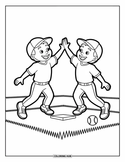 Coloriage de baseball pour enfants : Deux joueurs se tapent dans la main près de la base, le visage enthousiaste et plein d’énergie