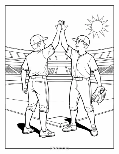 Coloriage de baseball pour enfants : Deux joueurs souriants se tapent dans la main avec des détails ludiques et un stade amusant derrière