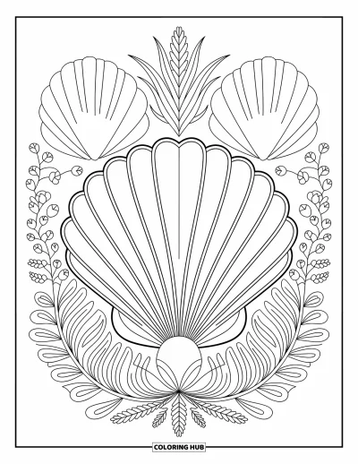 Coloriage de plage pour adultes : Un coquillage magnifiquement symétrique avec de délicates ornementations inspirées de l'océan